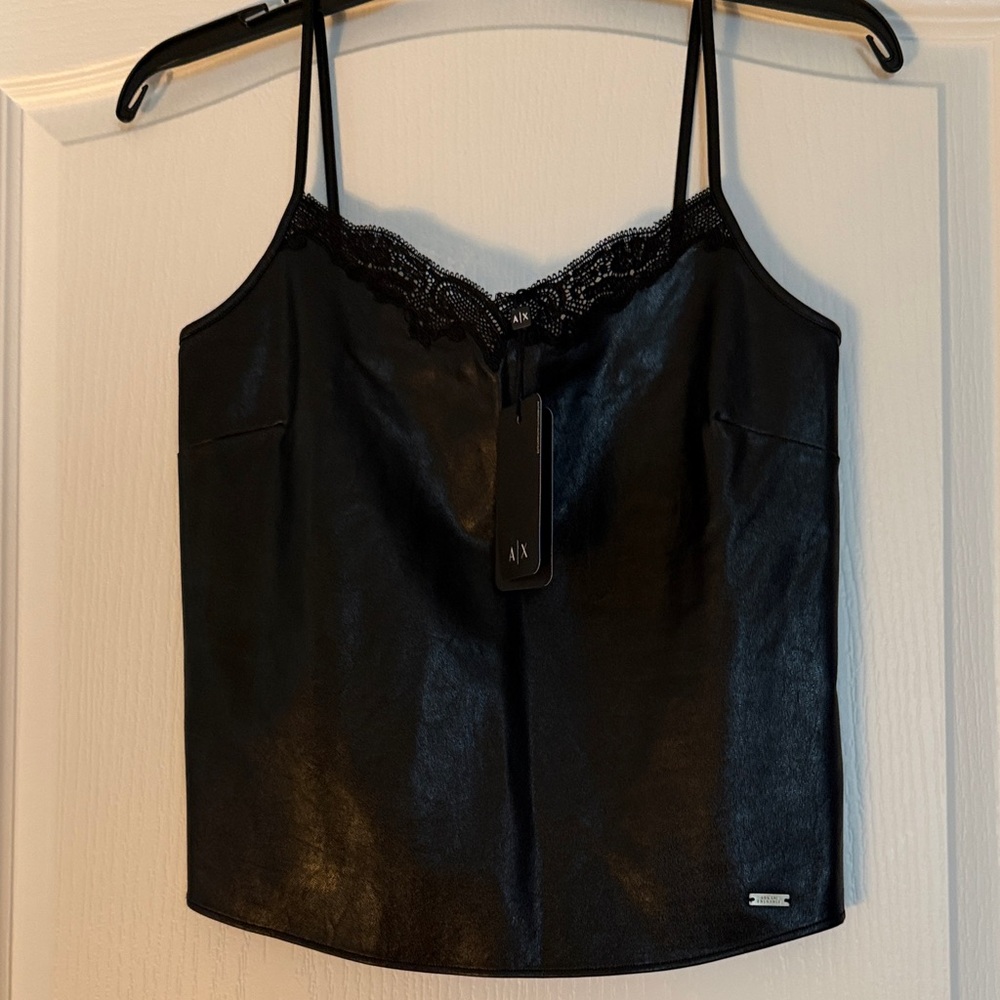 New Women’s Armani Exchange Black Polyurethane Cami with Lace Sz Xs.